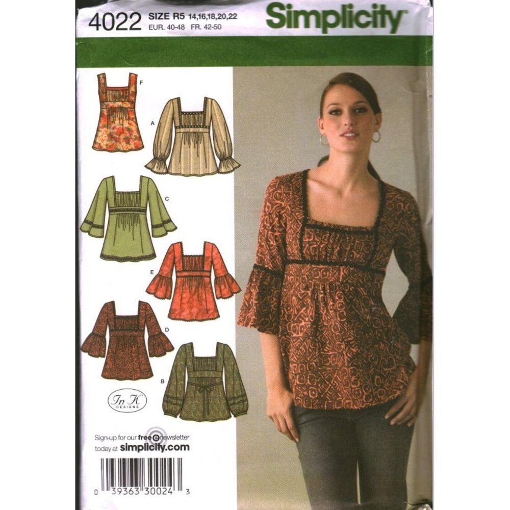 Simplicity 4022 Sewing Pattern Misses Tunic Empire Waist Bell Sleeve Size 14-22